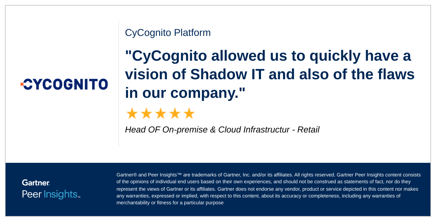 CyCognito allowed us to quickly have a vision of Shadow IT and also of the flaws in our company. Five stars.